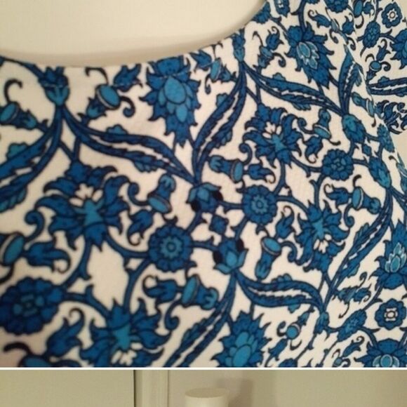 roz ali top m blue white paisley print summer short sleeve knit blouse shirt - Picture 3 of 5